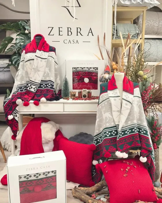 Snow Set Triko Şal & 45x45 Kırlent / Kırmızı - Lacivert